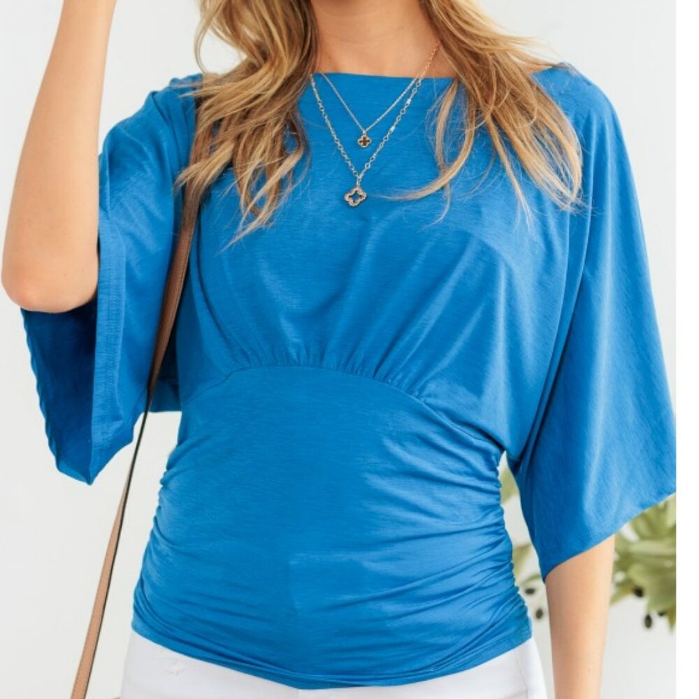 NWT Peacock Teal Blue Stretchy Soft Empire Waist Dolman Batwing Blouson Top S